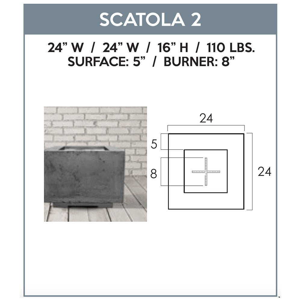 Concrete gas fire pit spec diagram with dimensions and burner size for Scatola 2.