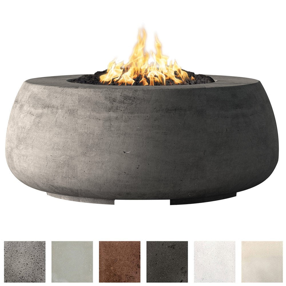 Round dark gray concrete gas fire bowl with visible flame in center