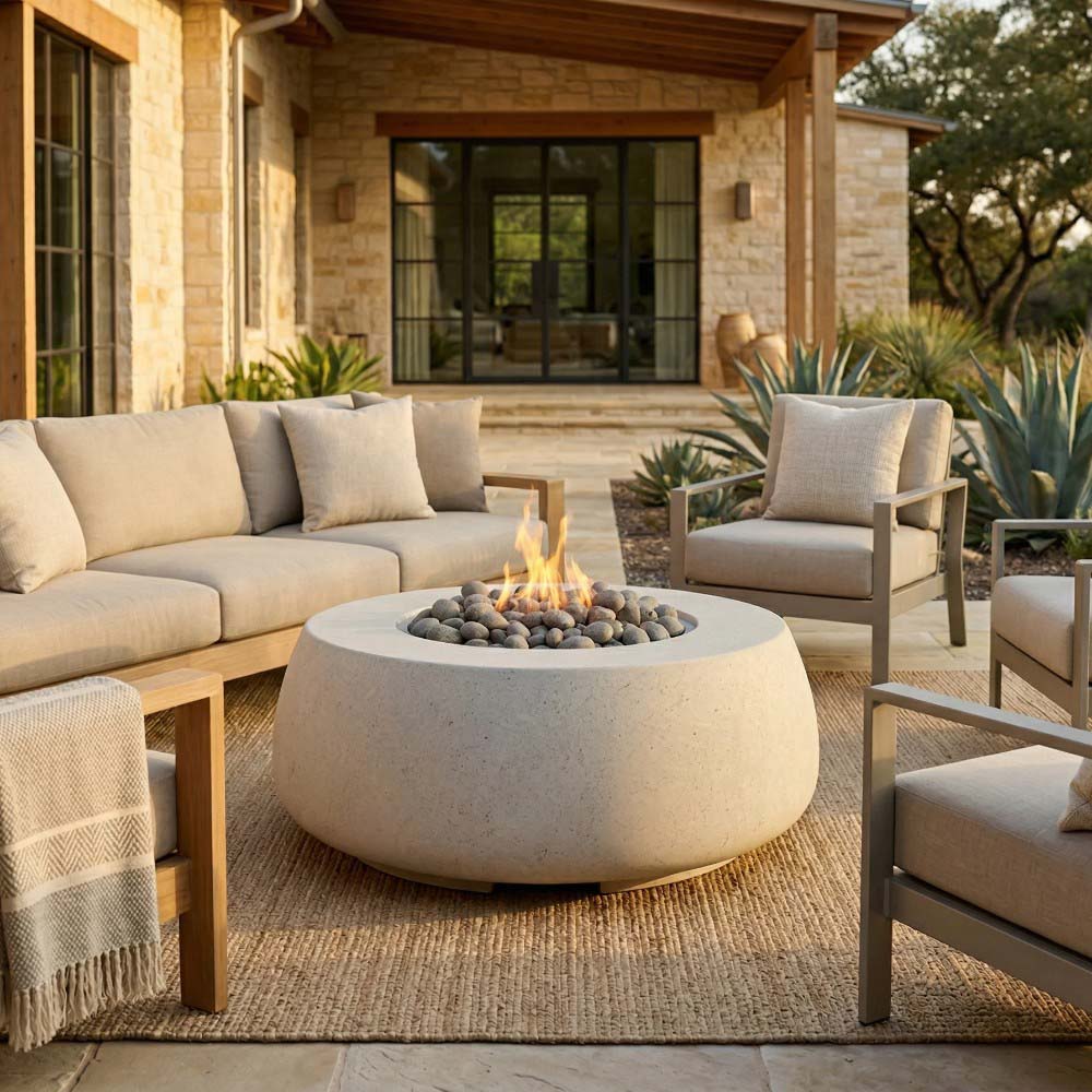 Round light concrete gas fire bowl with flames and dark lava rocks on patio