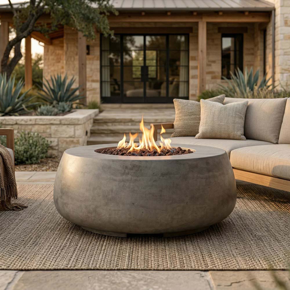Round light gray concrete gas fire bowl with flames and dark lava rocks