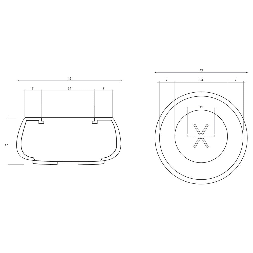 Concrete gas fire bowl dimensions diagram, front and top view with burner lines