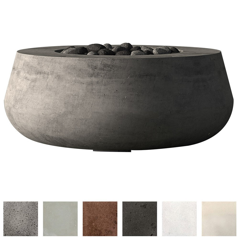 Concrete gas fire bowl in dark gray with lava rocks inside the burner opening