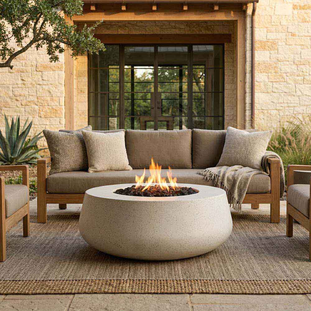Concrete gas fire bowl with open flame burning in the center over lava rocks