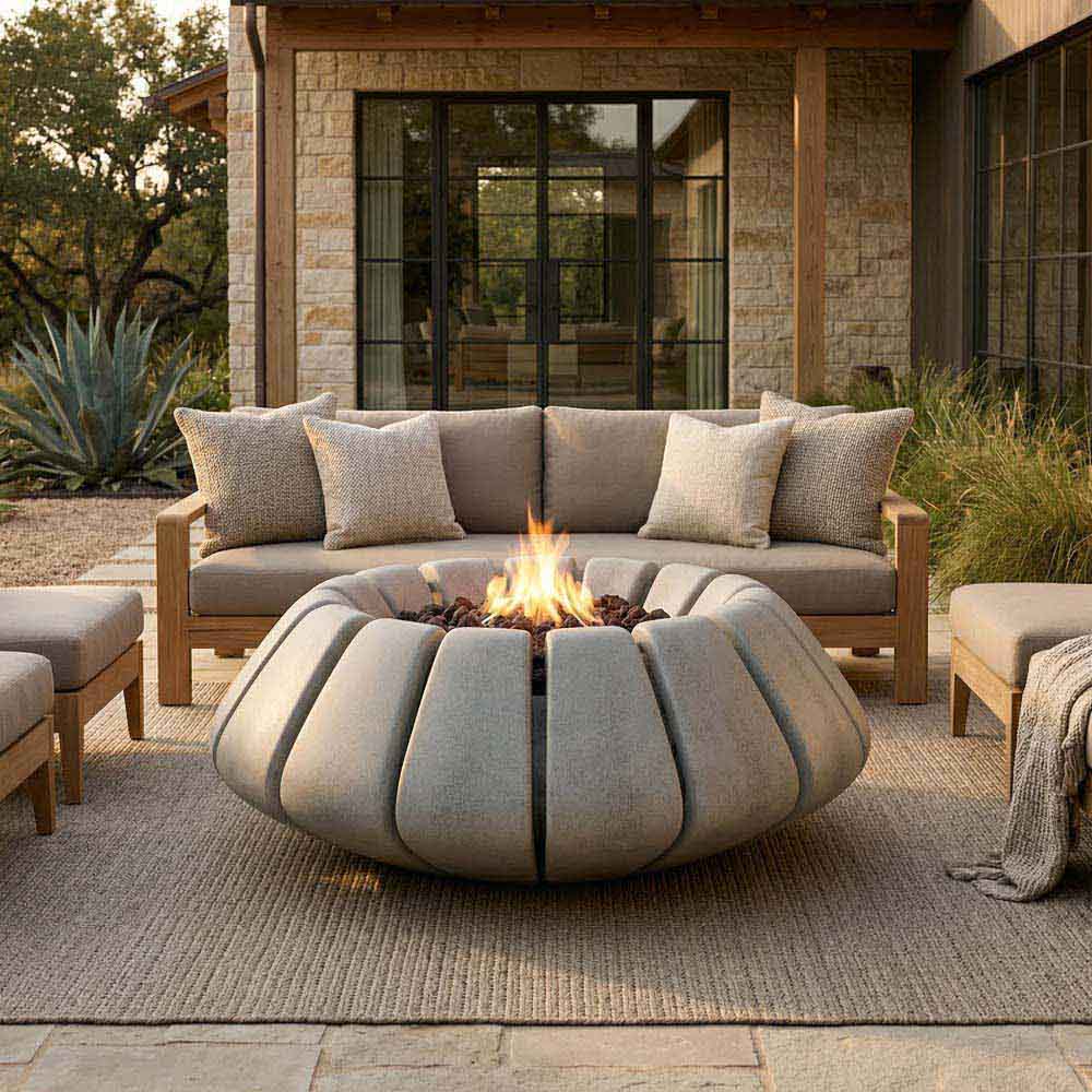 Concrete gas fire bowl with rounded segmented shape and flames on patio
