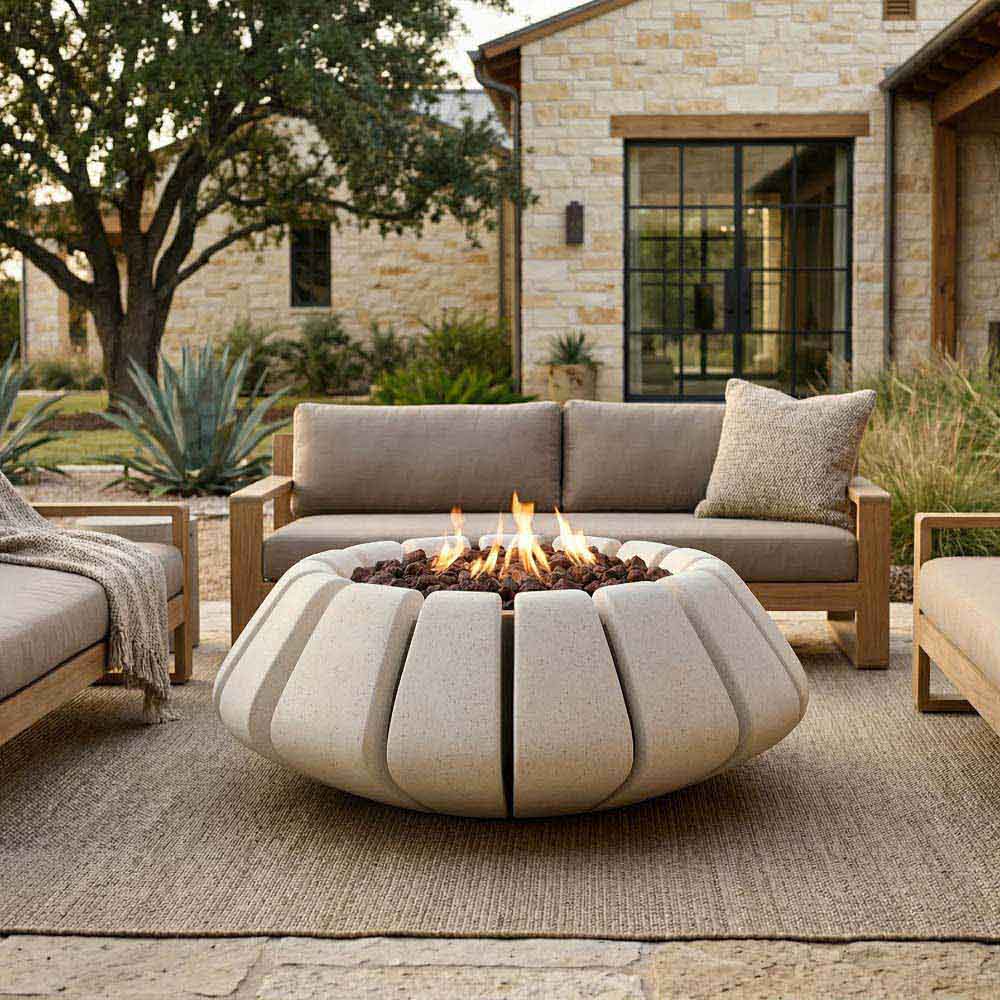 Light gray concrete gas fire bowl with segmented sides and visible flames