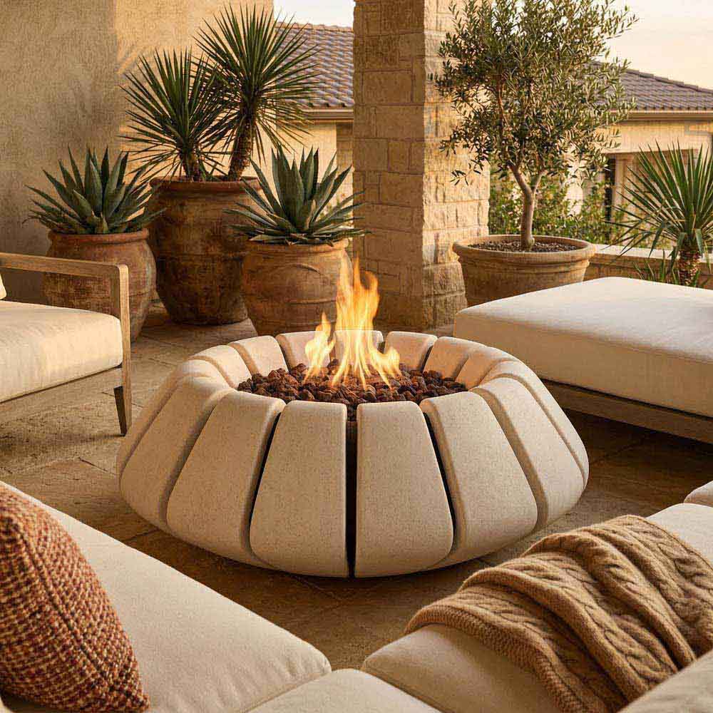 Cream light concrete gas fire bowl with segmented exterior and burning flames