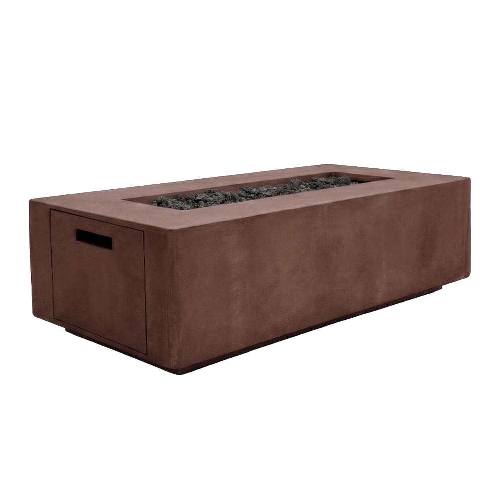 Cafe brown concrete gas fire pit, rectangular shape with side access door and lava rocks