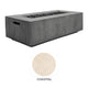 Gray concrete propane gas fire pit with open fire bed and side door, light beige swatch
