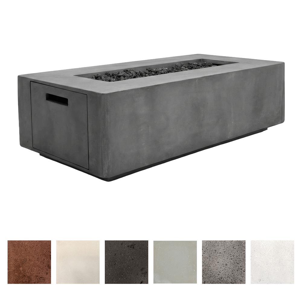 Gray concrete gas fire pit, rectangular with side access door and lava rock insert