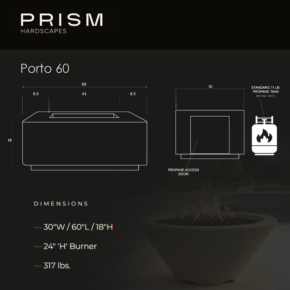 Porto 60 dimensions diagram for concrete gas fire pit, top and side measurement lines