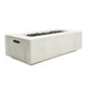 Light concrete propane gas fire pit with burner tray, lava rocks, and side control door