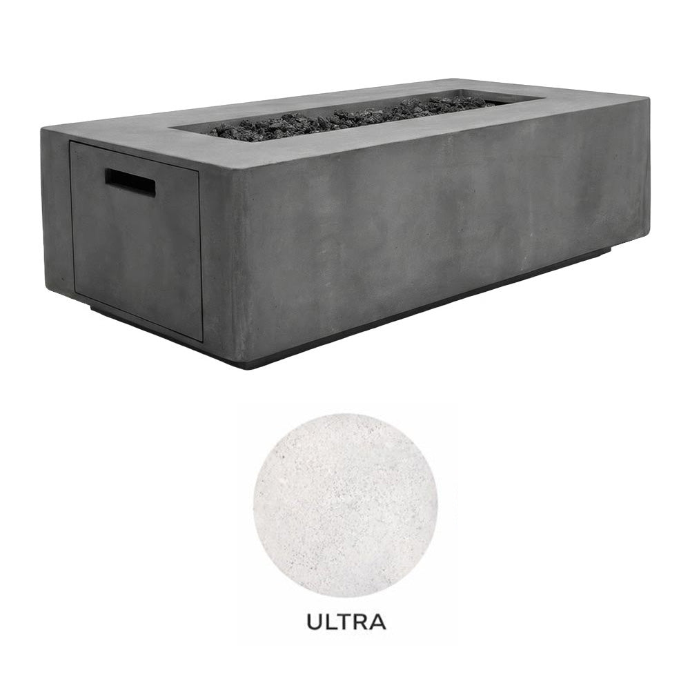 Rectangular concrete propane gas fire pit with open top burner and side access door
