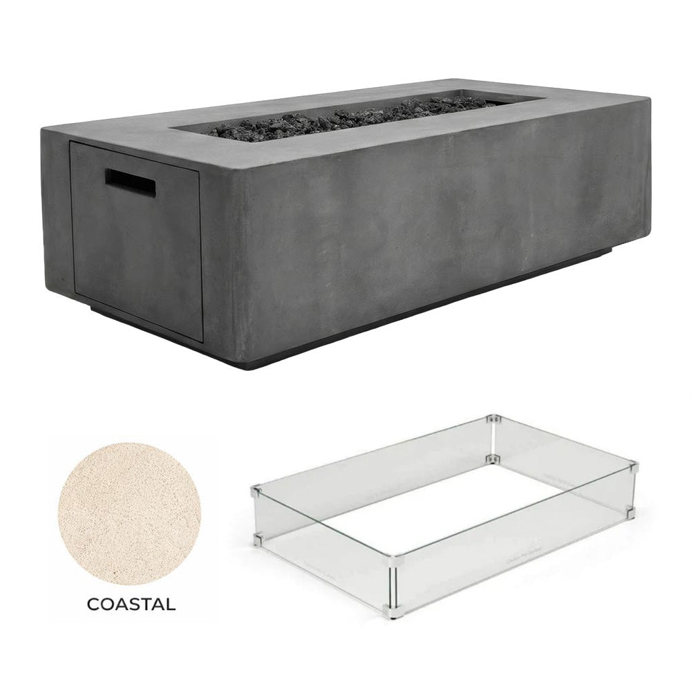 Rectangular concrete propane gas fire pit with clear wind guard panels and side access door