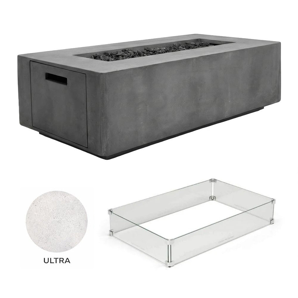 Rectangular concrete propane gas fire pit with wind guard base and open burner tray