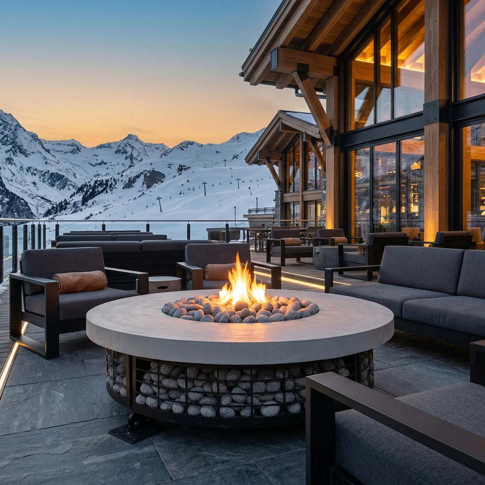 Outdoor round concrete gas fire pit with electronic ignition and flame-lit lava rocks