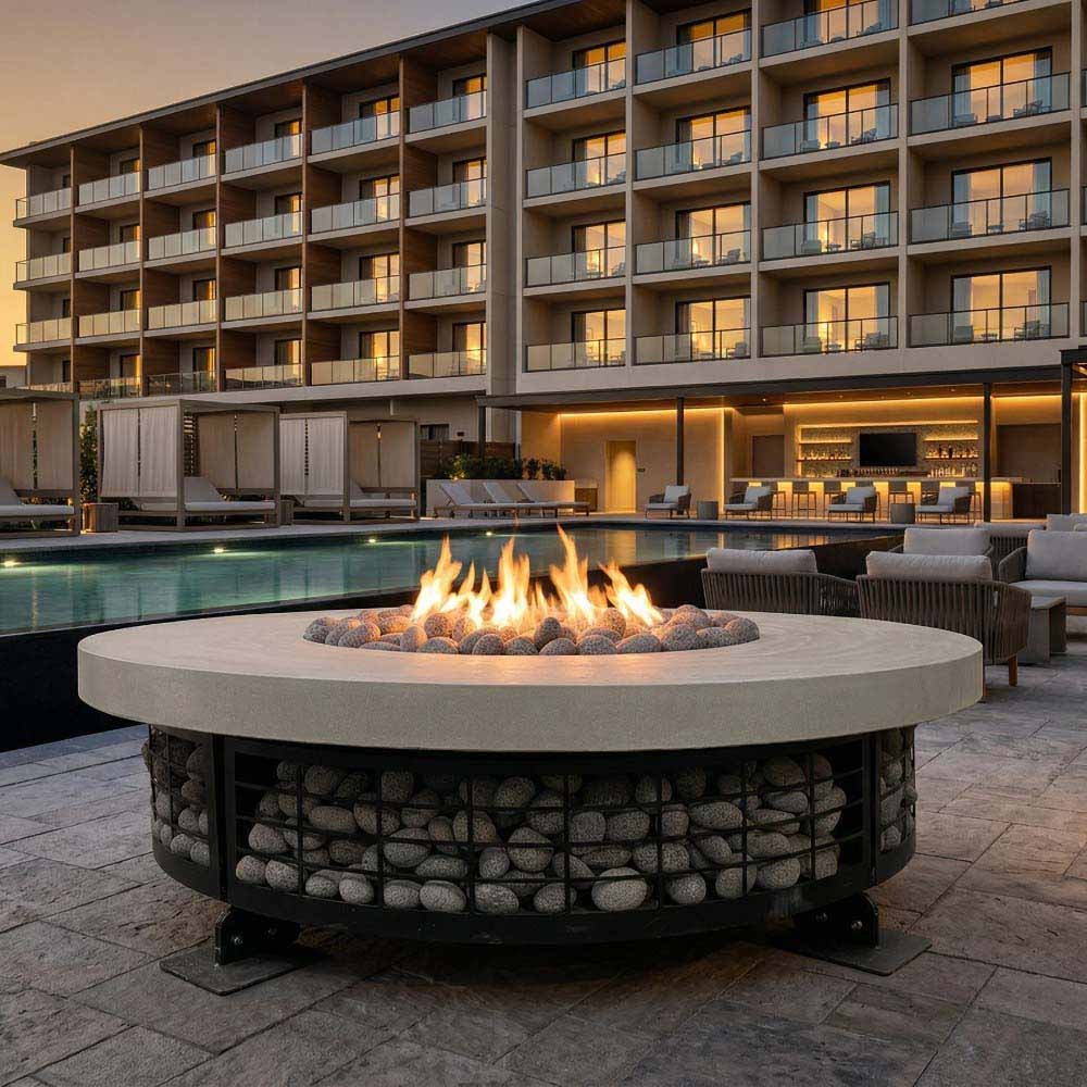 Round concrete gas fire pit with electronic ignition, burning flames and lava rocks