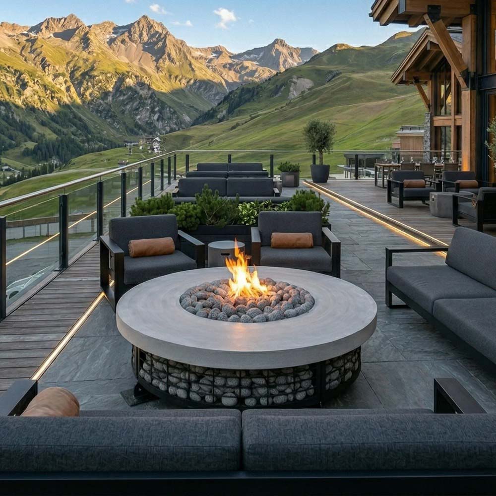 Round concrete gas fire pit with electronic ignition, small flames over lava rock insert