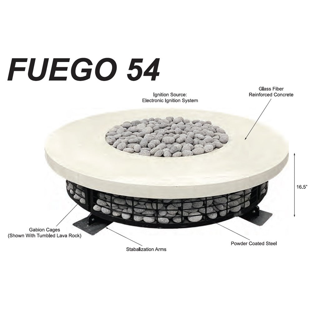 Round concrete gas fire pit with electronic ignition and dark steel lava rock surround