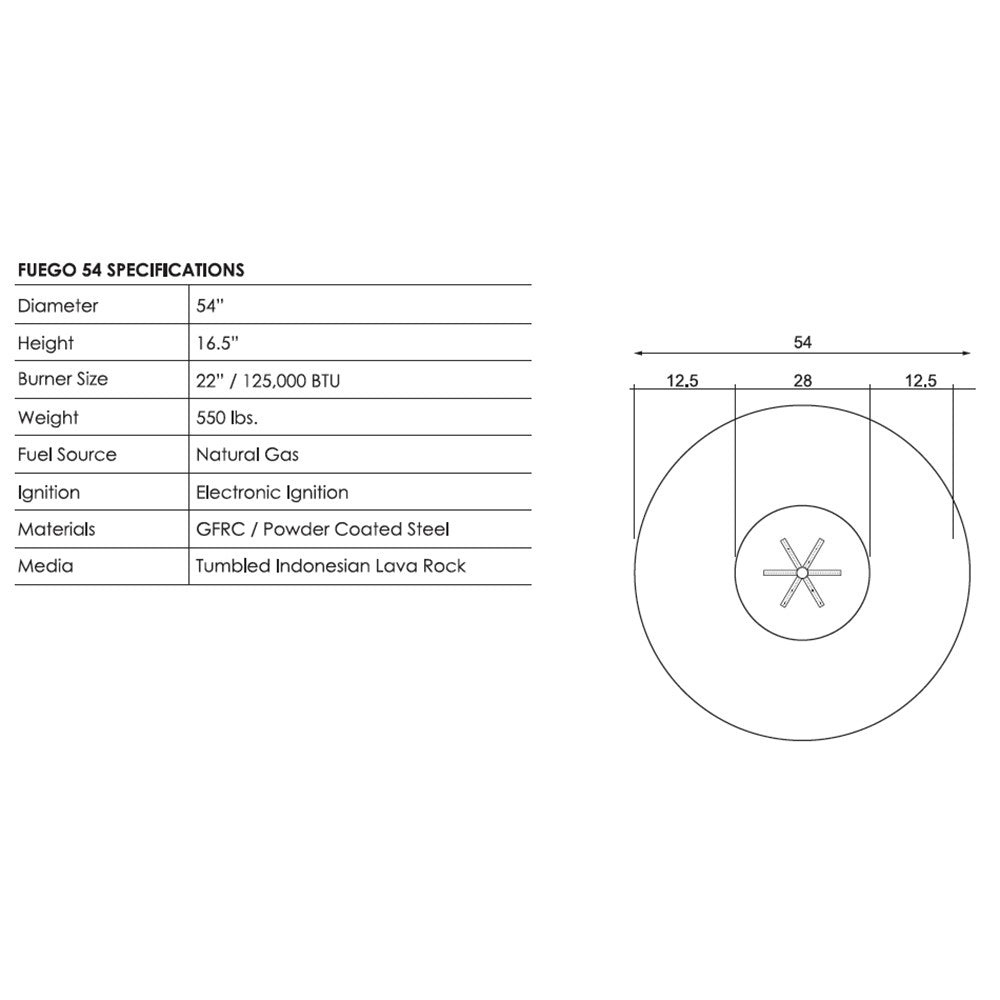 54-inch circular concrete gas fire pit with electronic ignition, top-view dimensions diagram