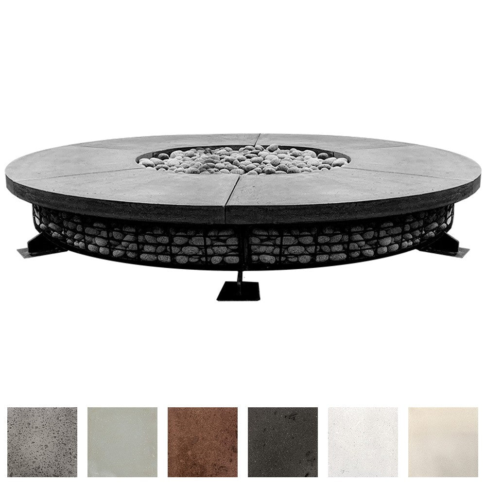 Round concrete natural gas fire pit with black stone base and lava rock burner.