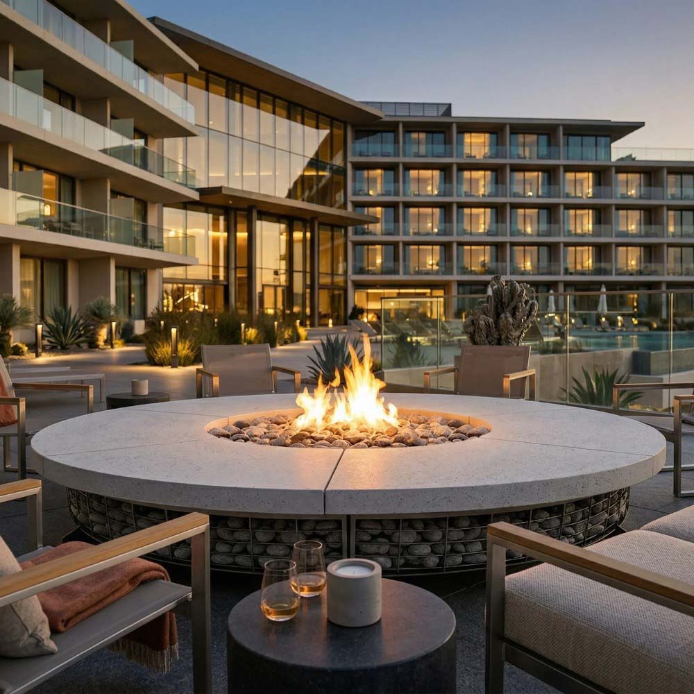 Round gas fire pit with flames and lava rocks, stone base under concrete surface.