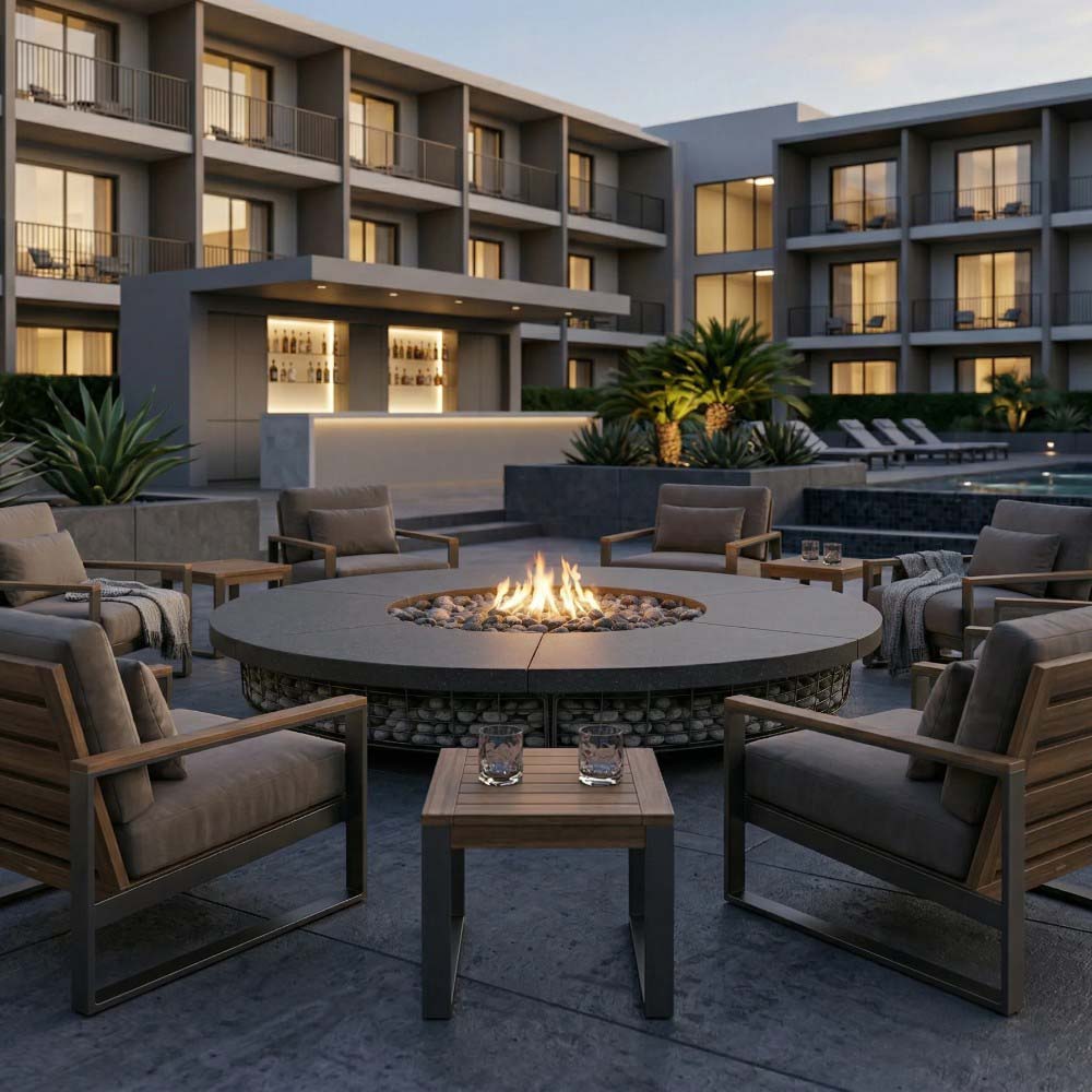 Round gas fire pit with flame in center, stone-ring base, concrete tabletop.