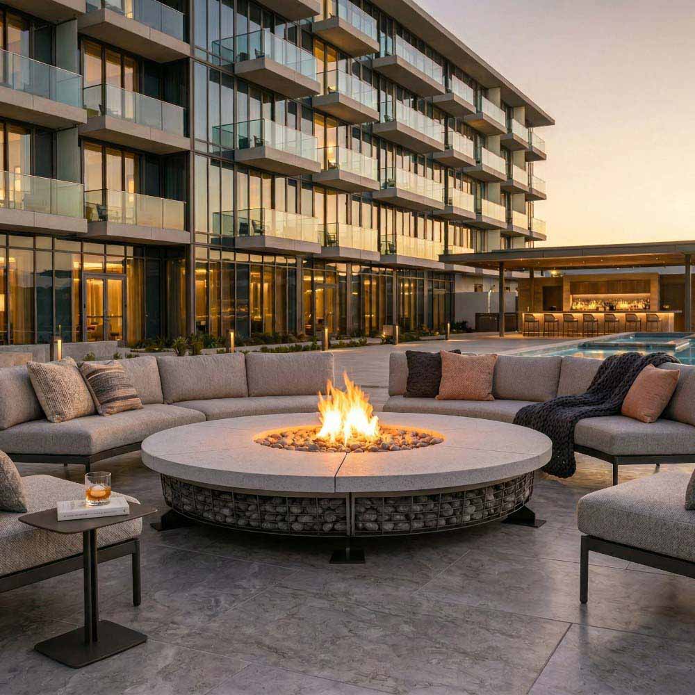Outdoor round gas fire pit with visible flame and lava rock surround on concrete top.