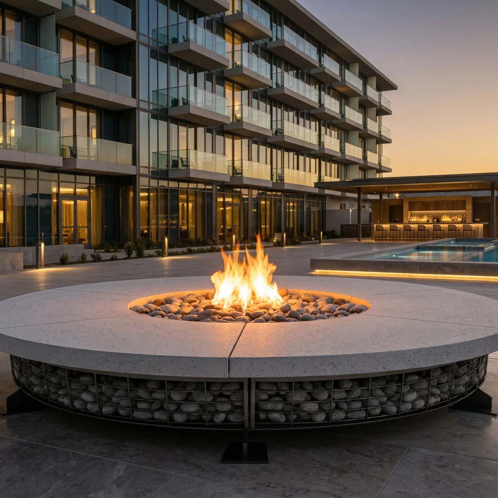 Round gas fire pit with tall flames over lava rocks, stone base and concrete top.