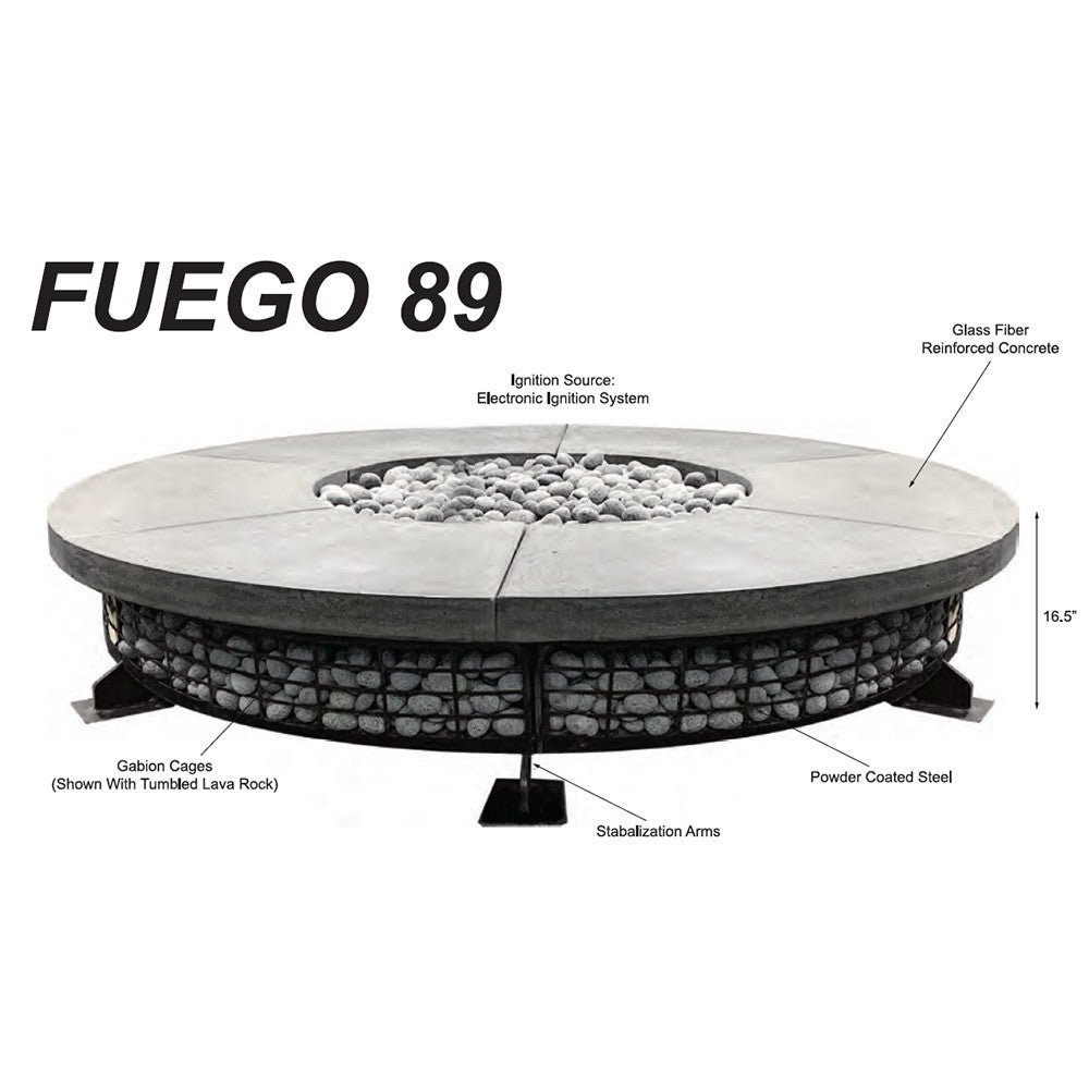 Round natural gas fire pit with concrete top, lava rock bed, electronic ignition system.