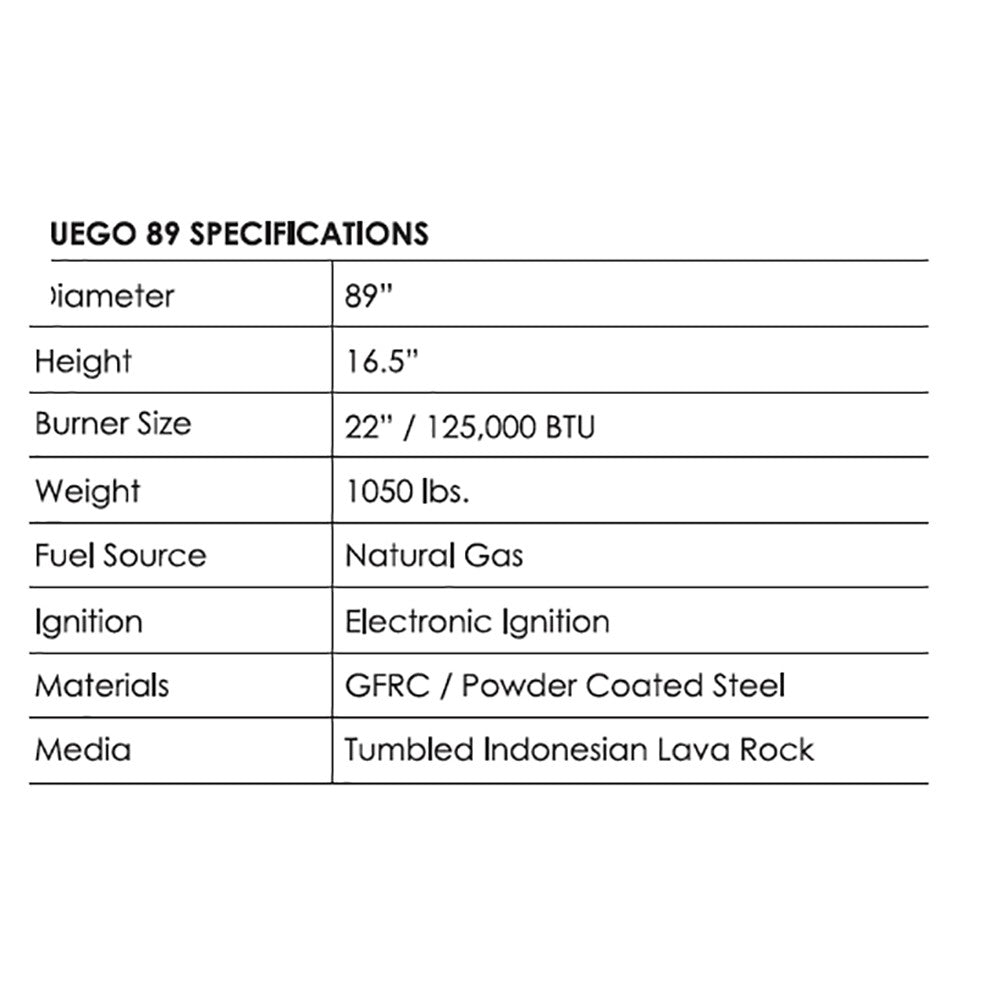 UEGO 89 spec sheet: 89" diameter, 16.5" height, natural gas, electronic ignition.