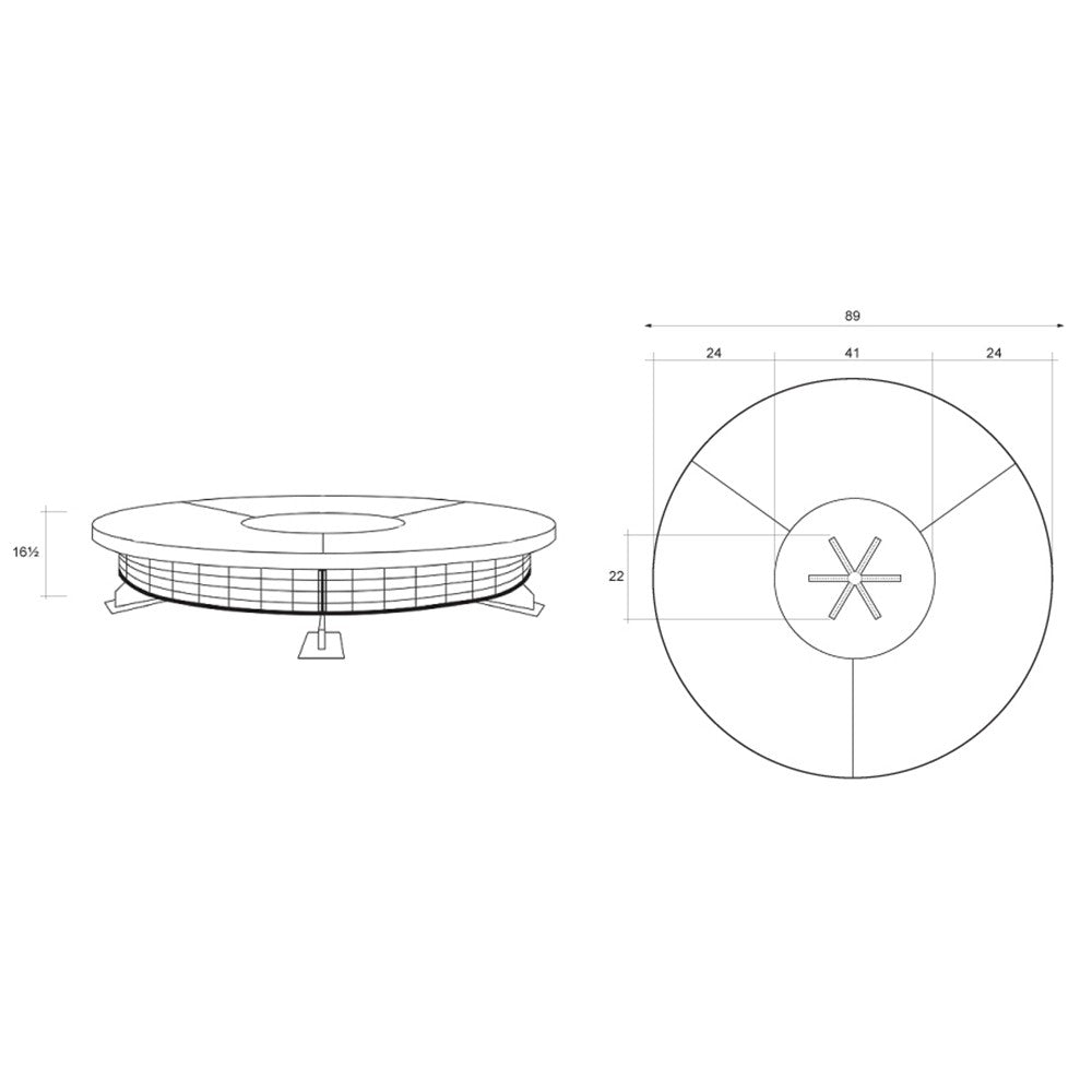 Round concrete fire pit diagram with electronic ignition and burner layout, 89 in.