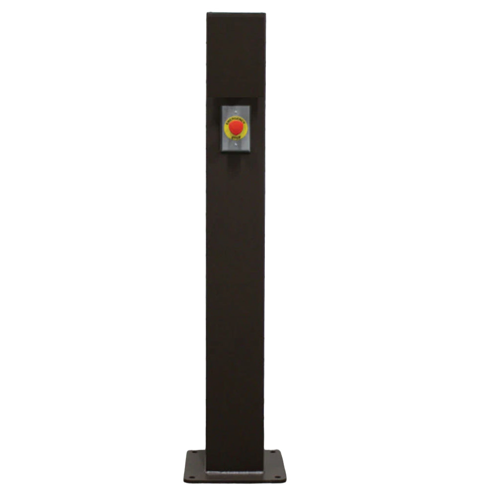 Black power column with emergency stop button behind a small window panel