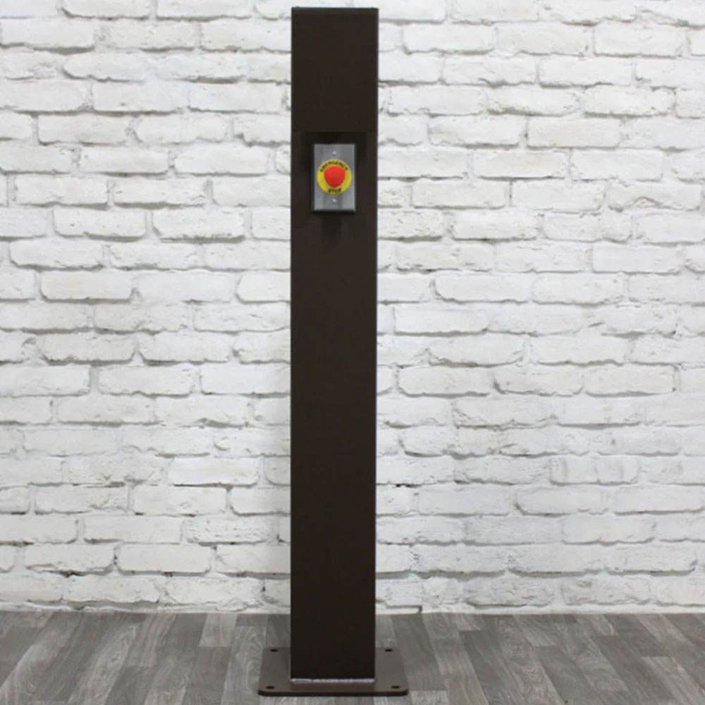 Black power column with emergency stop button and square base mounting plate
