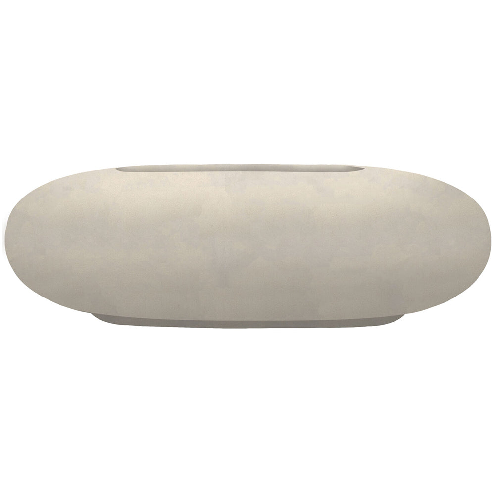 Pebble concrete gas fire pit: low round light-gray bowl with centered opening
