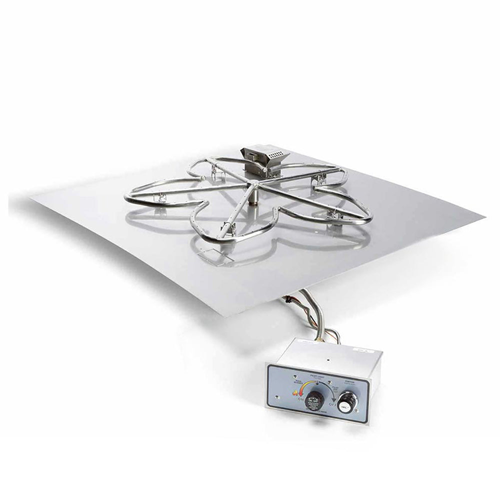 Gas fire pit burner kit with square flat pan, stainless support frame, and control box