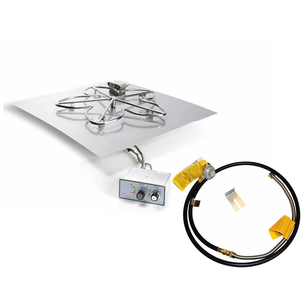 Gas fire pit kit with square pan, control module, and propane hose with regulator