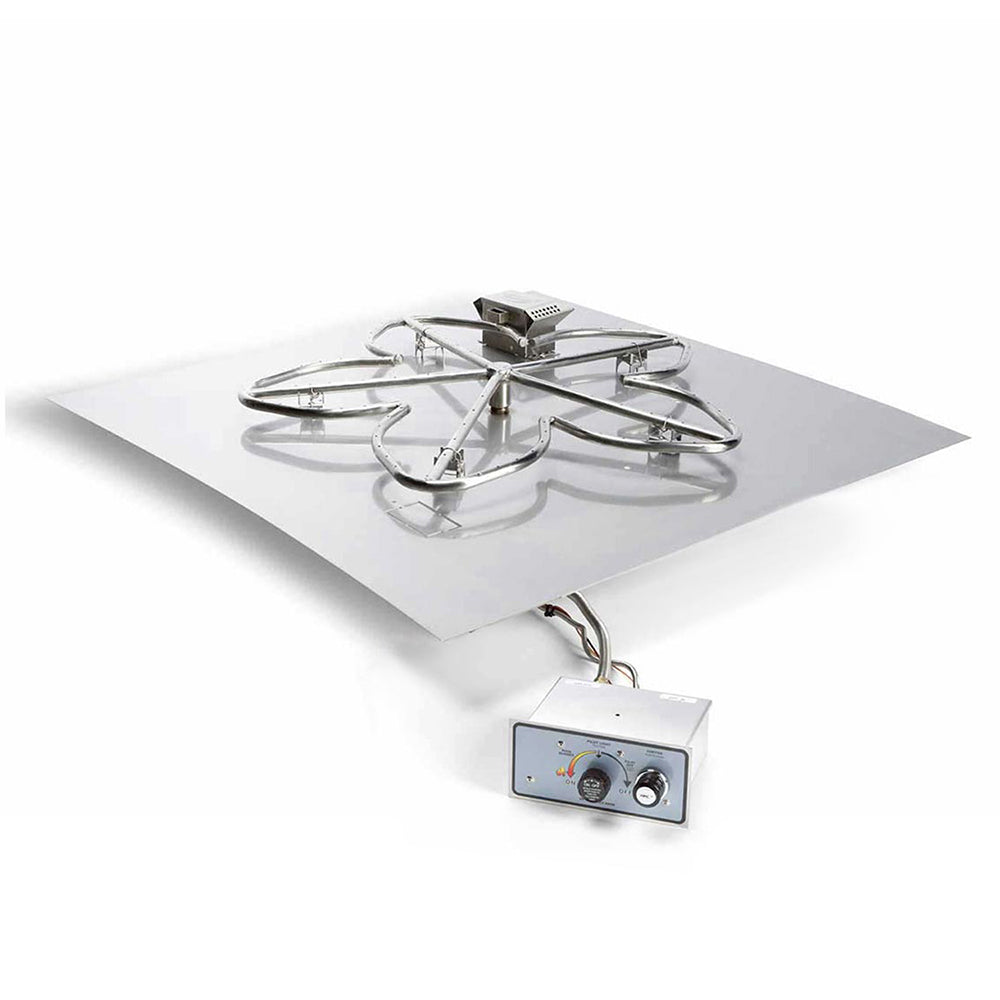 Gas fire pit burner kit with square flat pan and flame-sensing control module