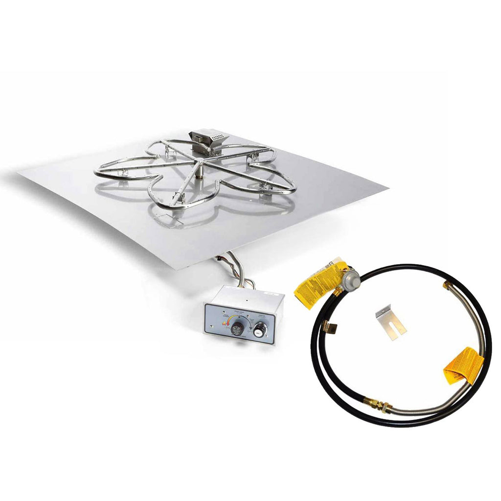 Gas fire pit burner kit with metal grate, flat plate, control box, and yellow gas hose