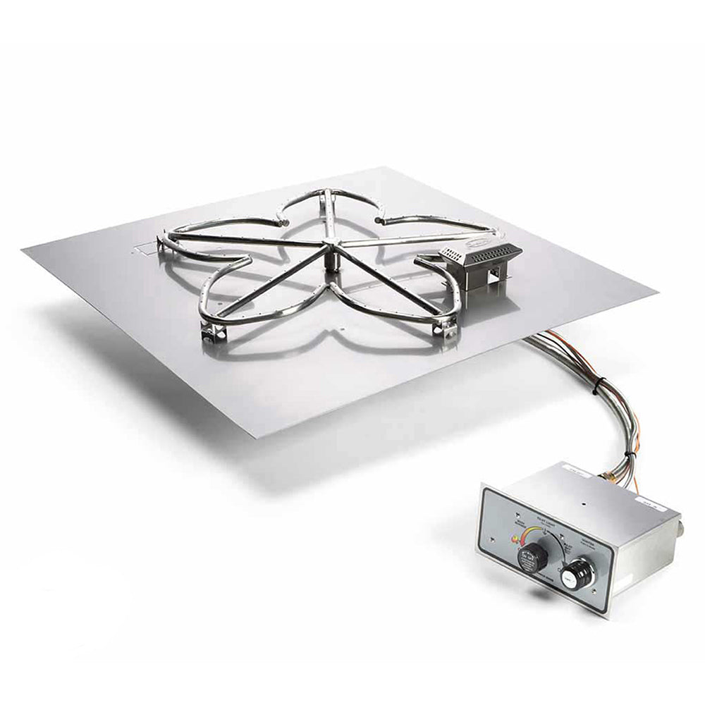 Gas fire pit burner kit on flat plate with metal torpedo burner grate and control box
