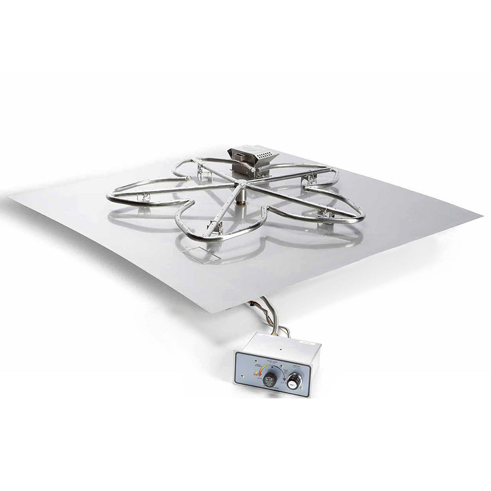 Gas fire pit burner kit with metal penta grate on flat pan and control module