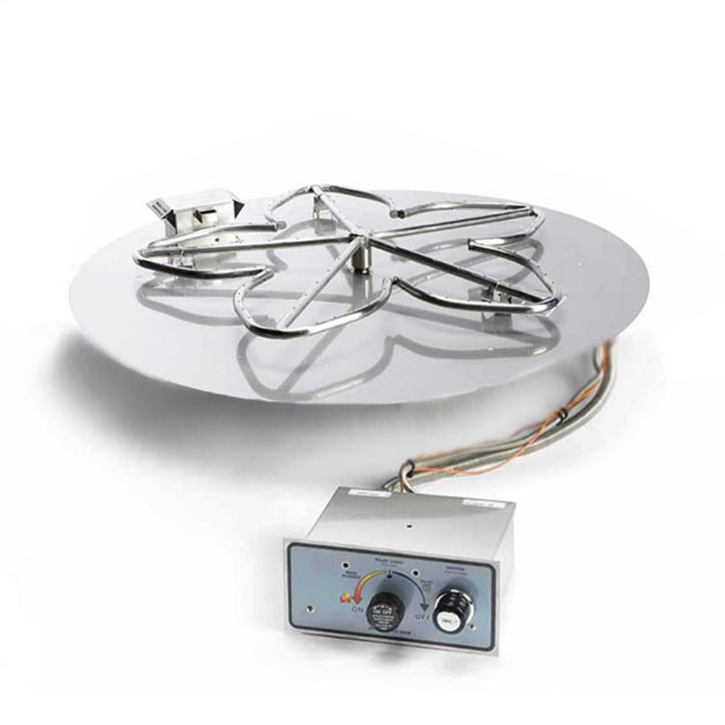 Gas fire pit burner kit with metal penta grate, flat pan, and control module