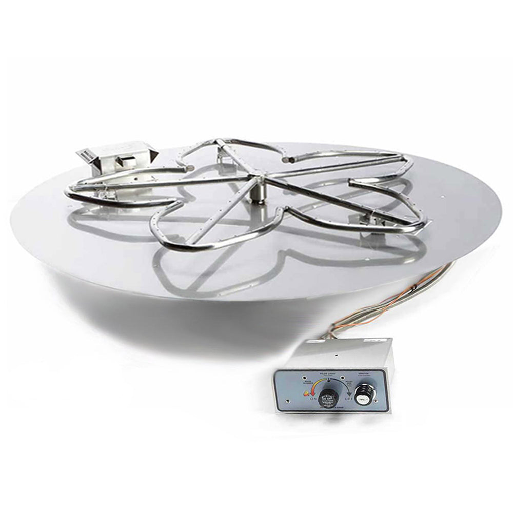 Gas fire pit burner kit with metal penta grate on flat pan and push-button control module