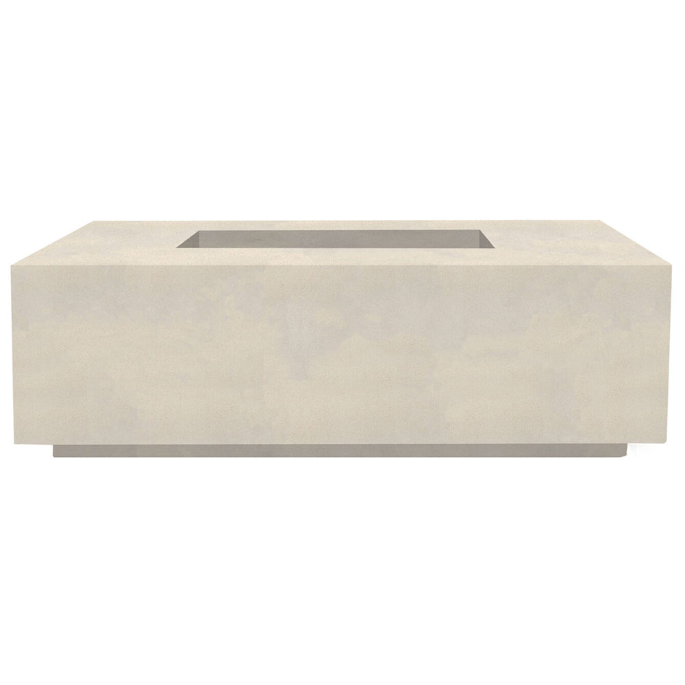 Concrete gas fire pit with rectangular top opening and wide rectangular body