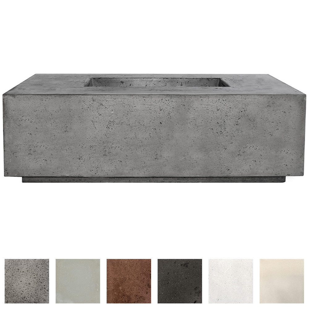 Rectangular concrete gas fire pit with dark gray finish and recessed burner opening