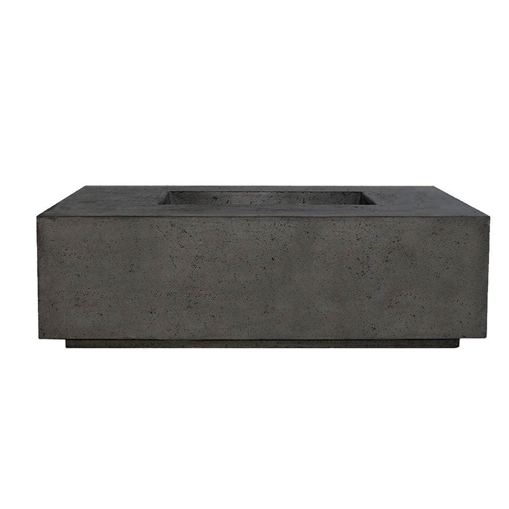 Rectangular concrete gas fire pit with dark gray finish and top burner cutout