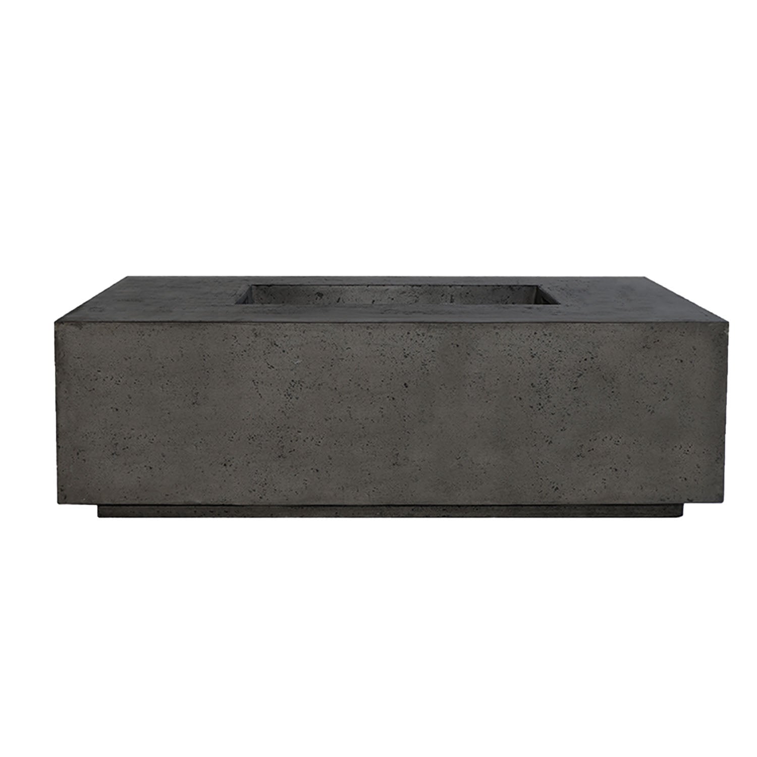 Rectangular concrete gas fire pit with dark gray finish and top burner cutout
