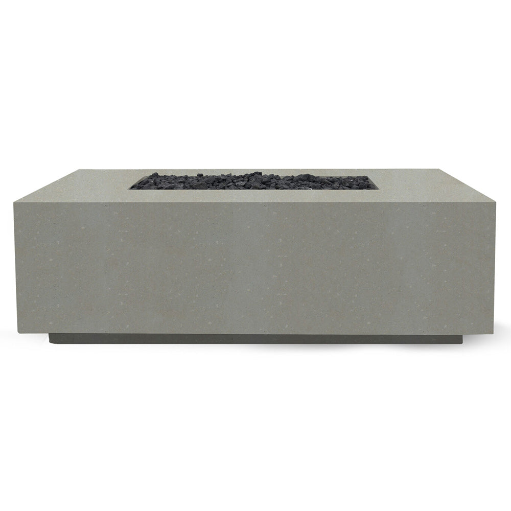Concrete gas fire pit with open burner, light gray textured finish