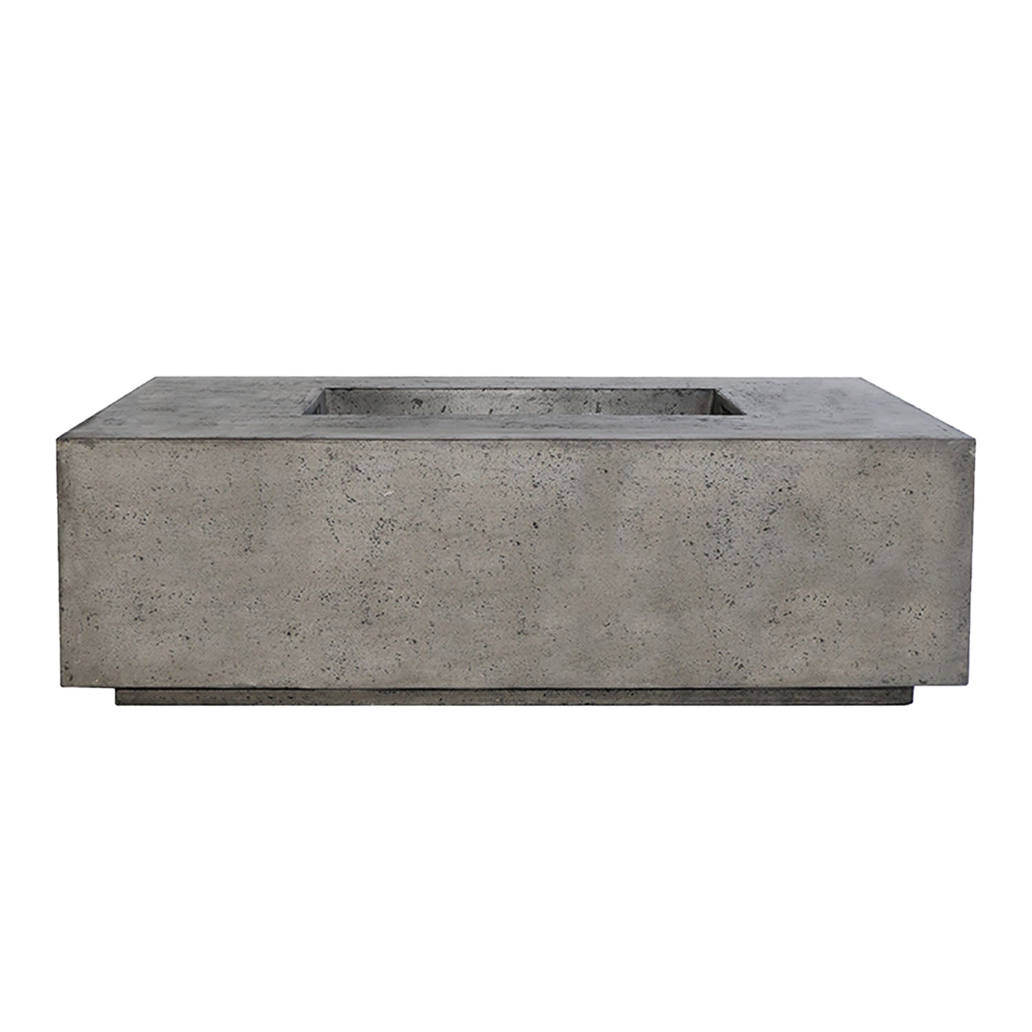 Rectangular concrete gas fire pit with gray finish and recessed burner opening