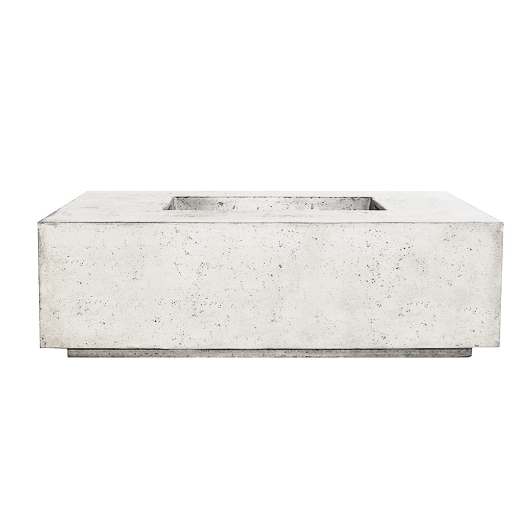 Rectangular concrete gas fire pit with white finish and recessed burner opening