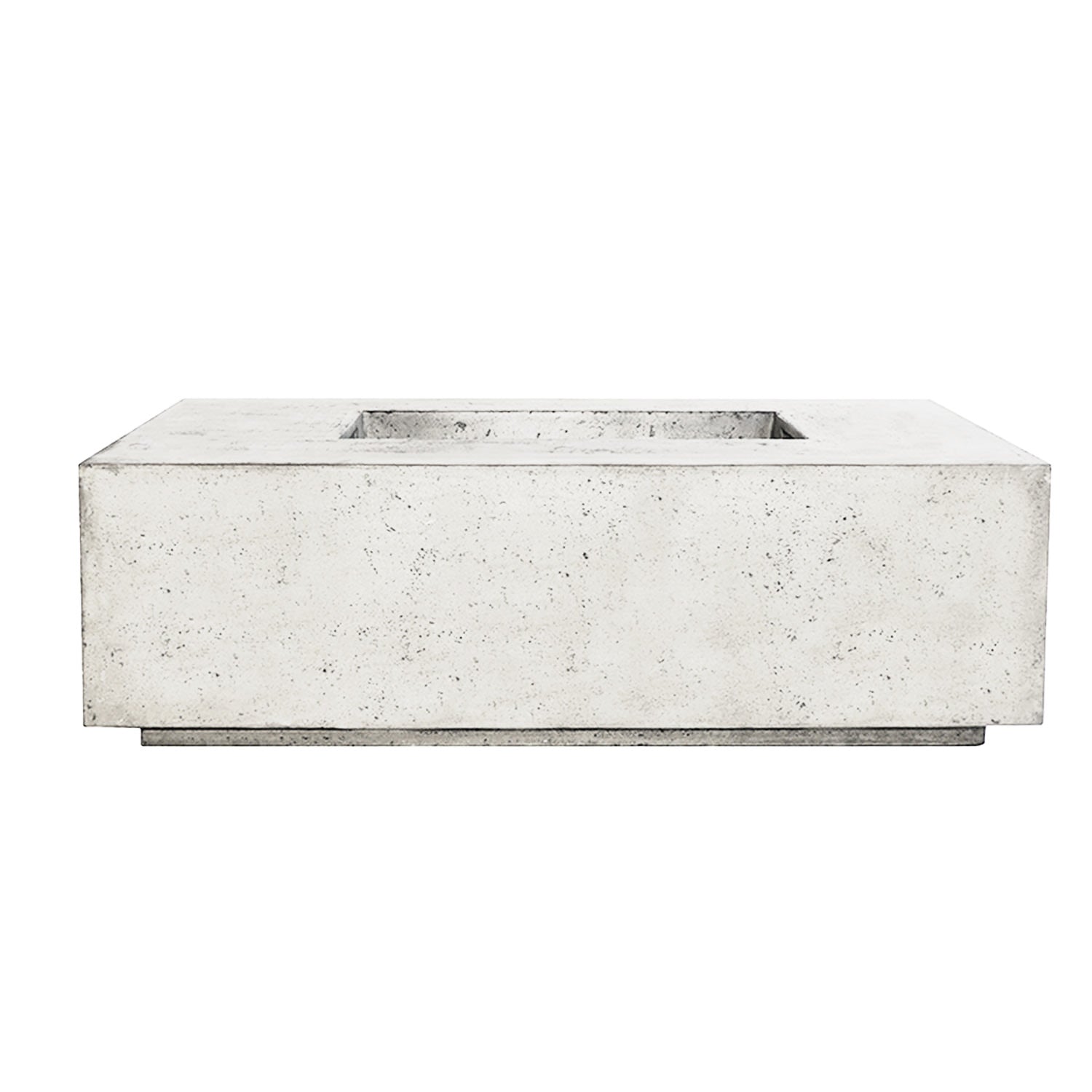 Rectangular concrete gas fire pit with white finish and recessed burner opening